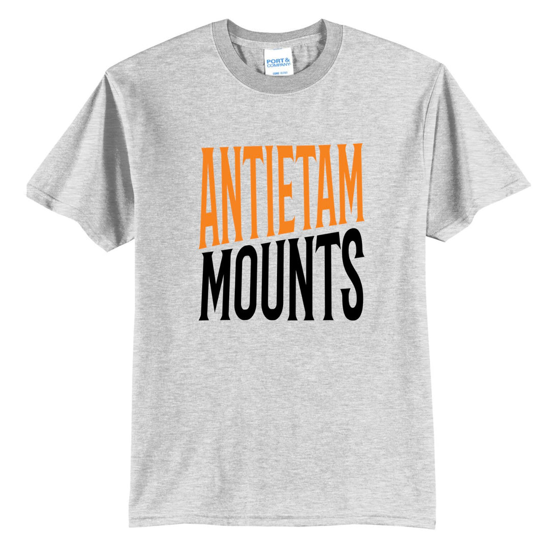 Antietam Mountaineers bold block spirit tee in ash grey with orange and black two-tone lettering