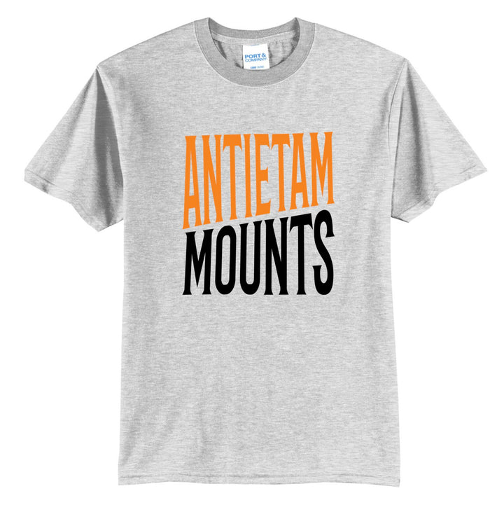 Example: ash grey tee with orange and black two-tone block lettering