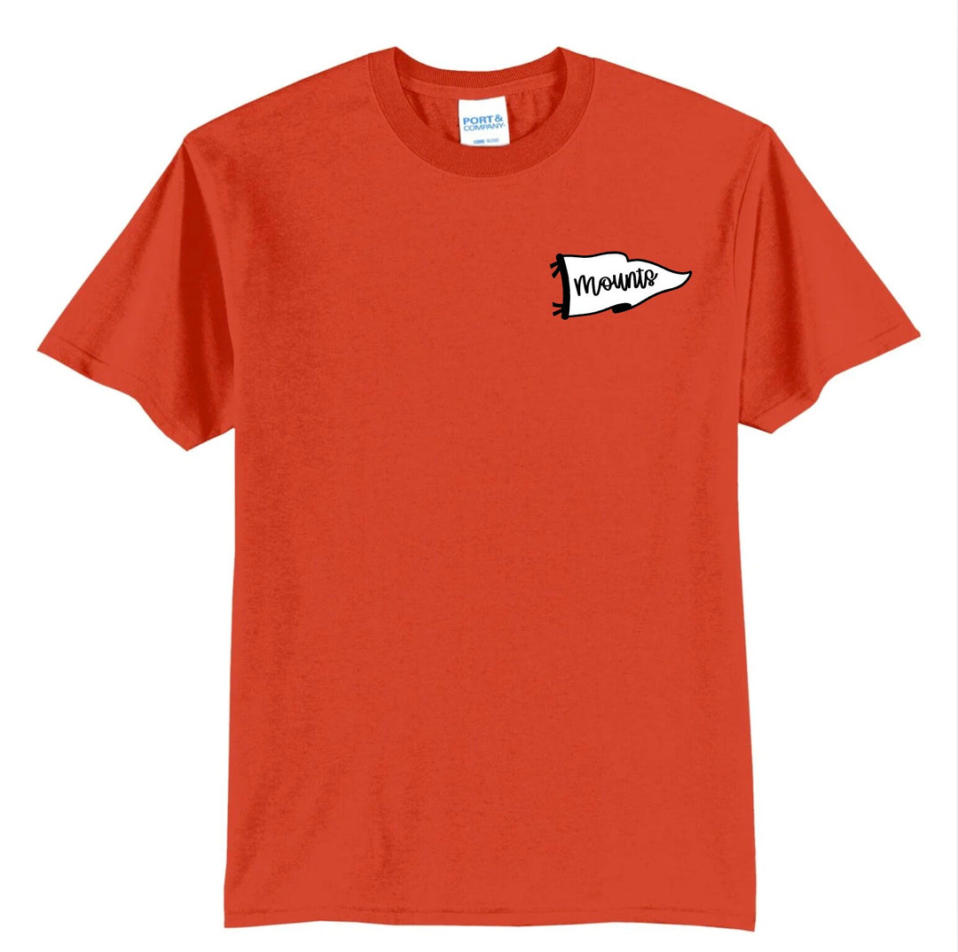Antietam Mountaineers varsity flag spirit tee in orange with a white left-chest pennant reading Mounts