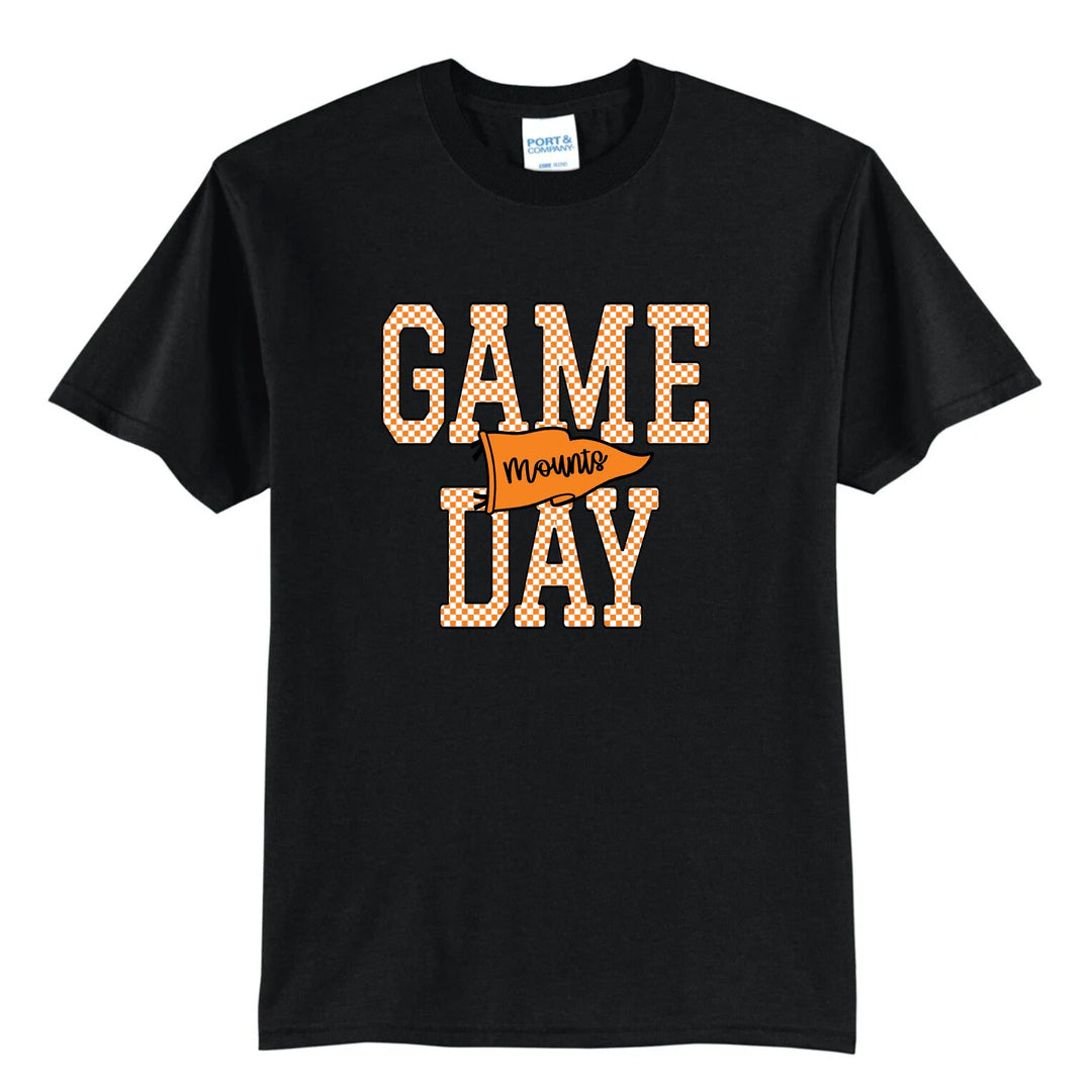 Antietam Mountaineers game day tee in black with orange checkered GAME DAY lettering and an orange Mounts pennant