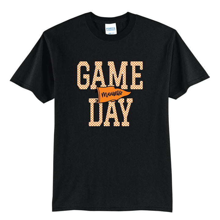 Example: black tee with orange checkered GAME DAY and an orange pennant