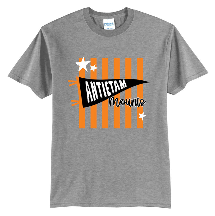 Example: athletic heather tee with orange stripes, stars, and a black pennant