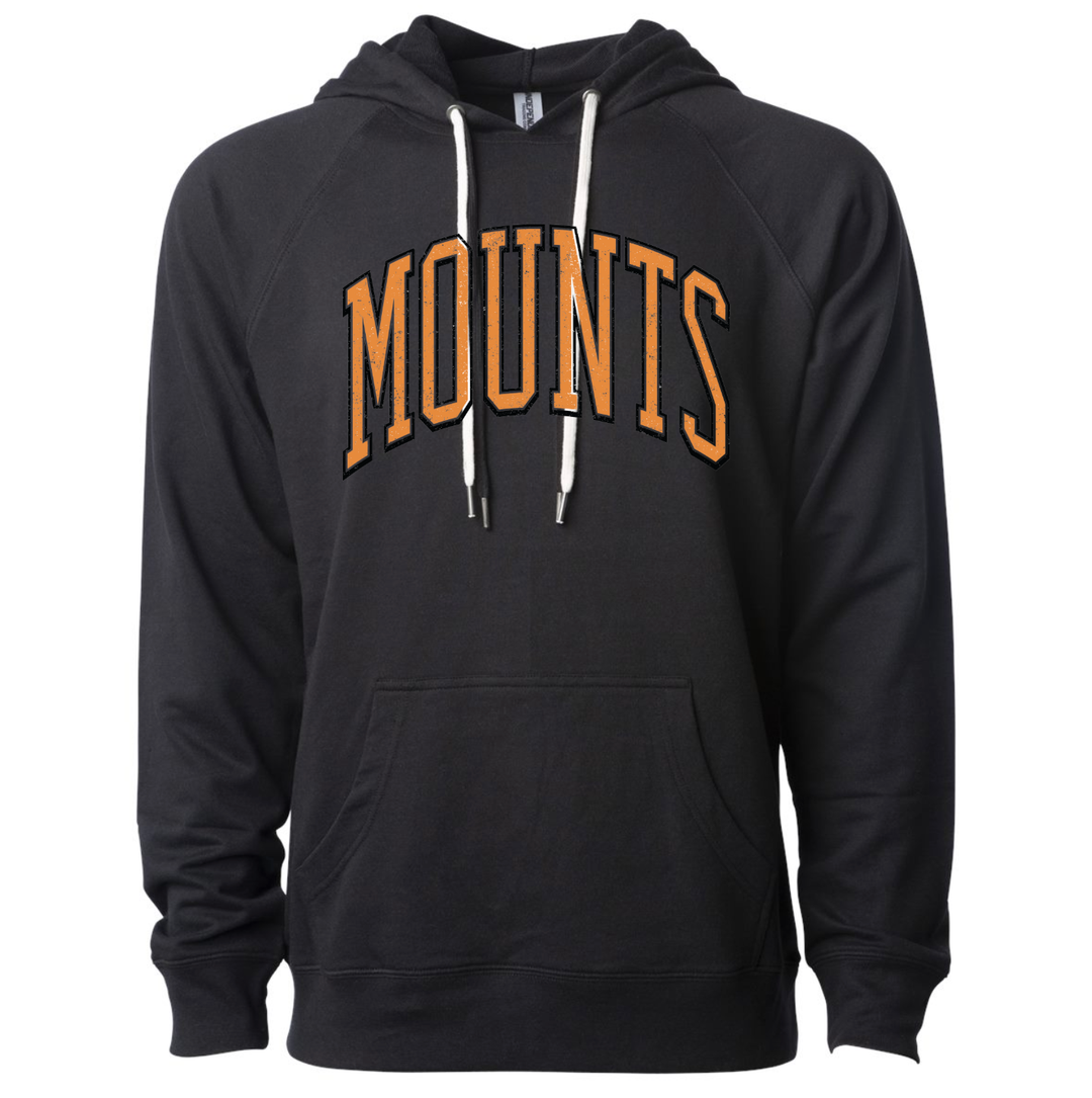 Black Antietam Mountaineers hoodie with an orange distressed MOUNTS varsity arch