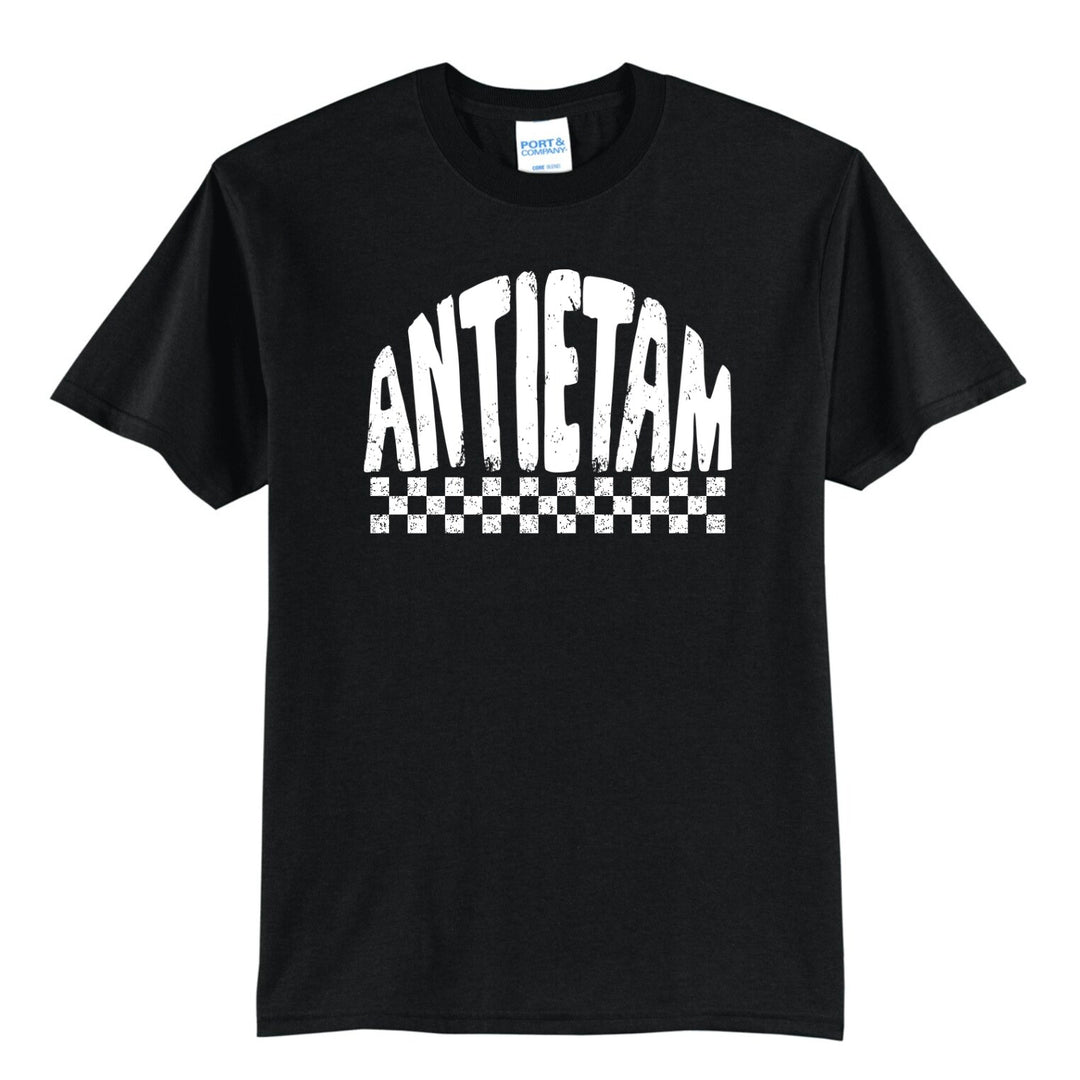 Example: black tee with white distressed mascot and checkered stripe