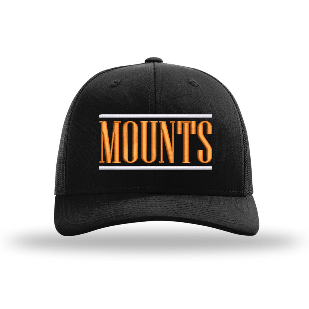 Antietam Mountaineers Varsity Bars embroidered trucker hat, white and orange stitching on a black hat
