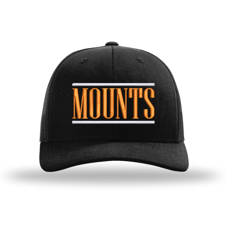 Antietam Mountaineers Varsity Bars embroidered trucker hat, white and orange stitching on a black hat