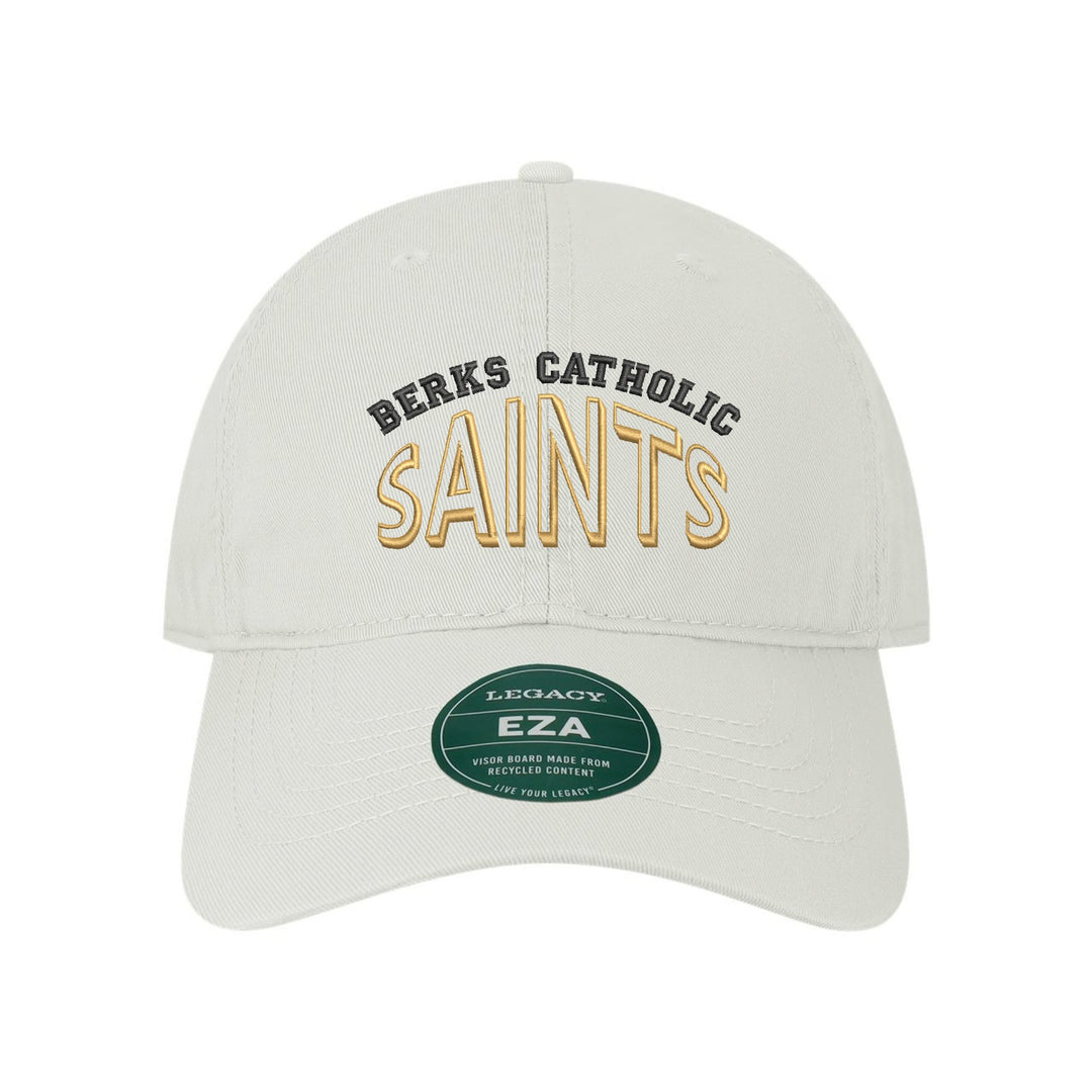 Berks Catholic Saints Classic Arch embroidered dad cap, black and gold stitching on a white cap