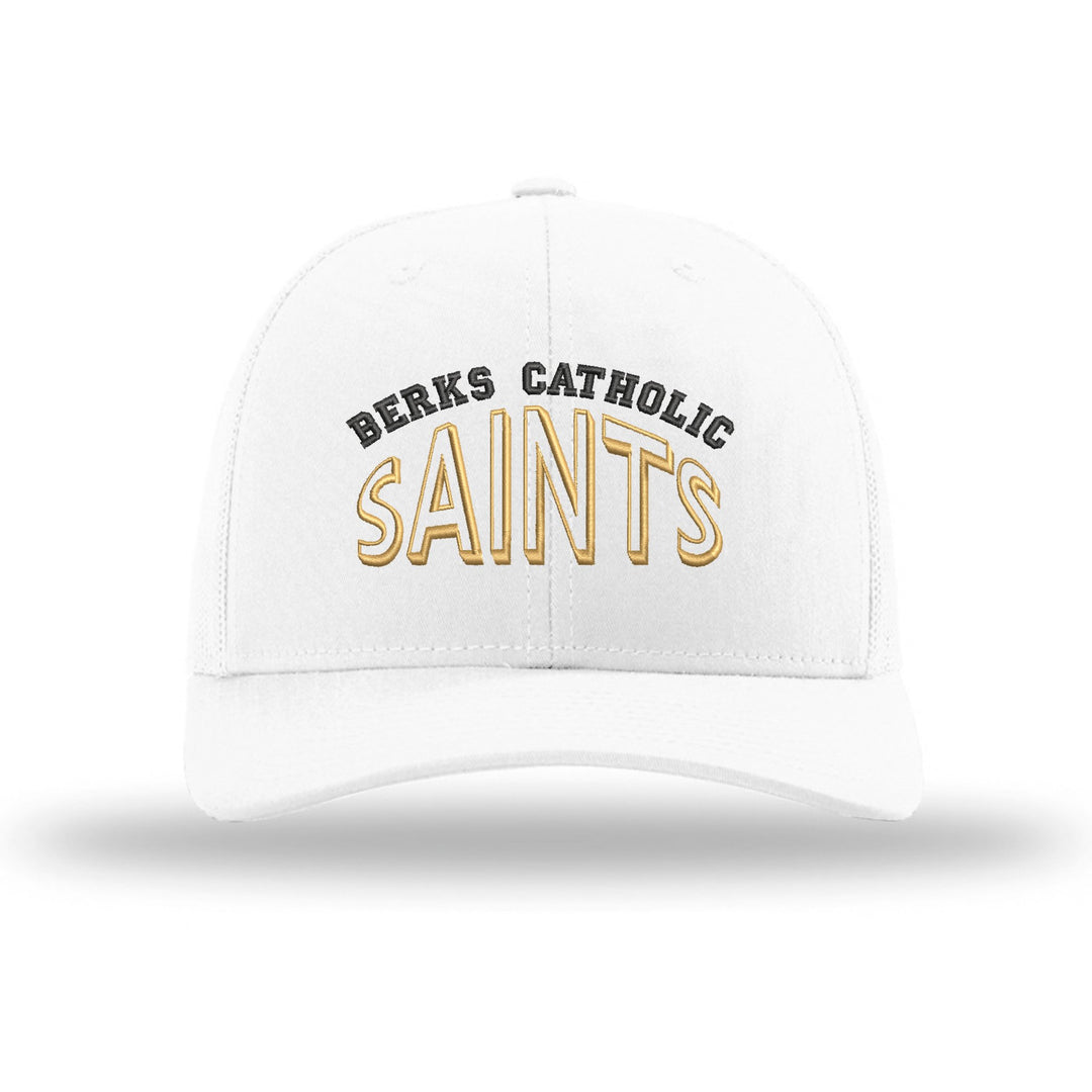 Berks Catholic Saints Classic Arch embroidered trucker hat, black and gold stitching on a white hat