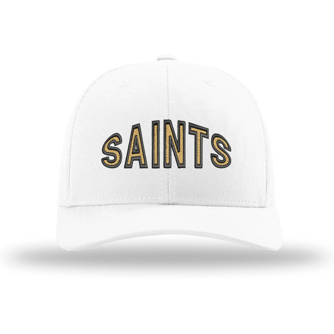 Berks Catholic Saints Mascot Arch embroidered trucker hat, black and gold stitching on a white hat