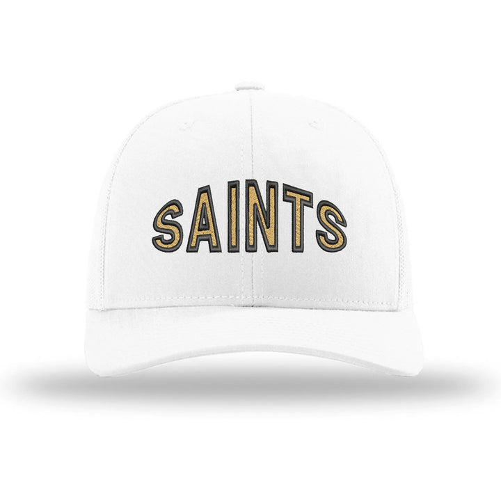 Berks Catholic Saints Mascot Arch embroidered trucker hat, black and gold stitching on a white hat