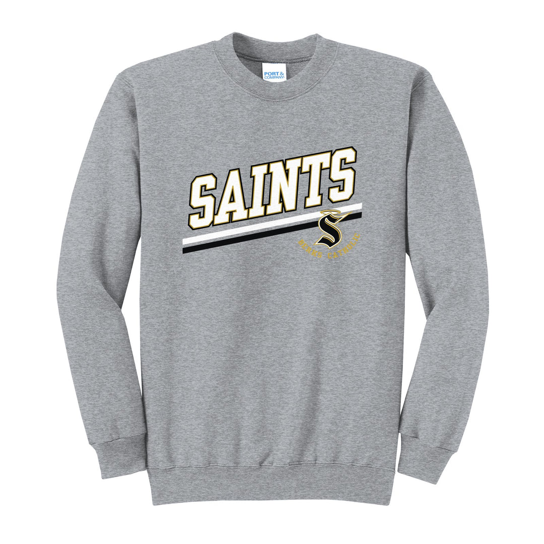 Berks Catholic Saints Slanted Stripe crewneck sweatshirt in Athletic Heather: bold SAINTS lettering over a slanted double stripe, with the halo S and Berks Catholic