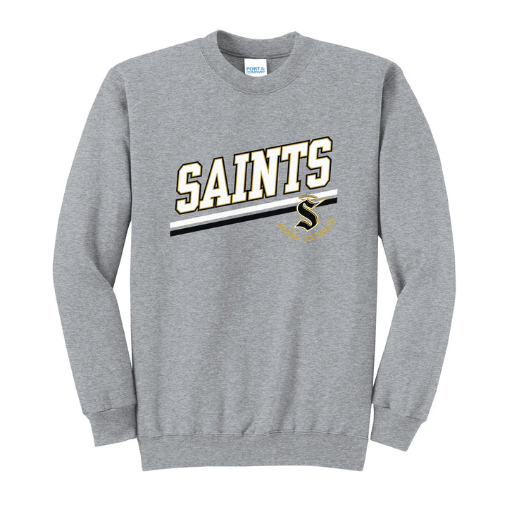 Berks Catholic Saints Slanted Stripe crewneck sweatshirt in Athletic Heather: bold SAINTS lettering over a slanted double stripe, with the halo S and Berks Catholic