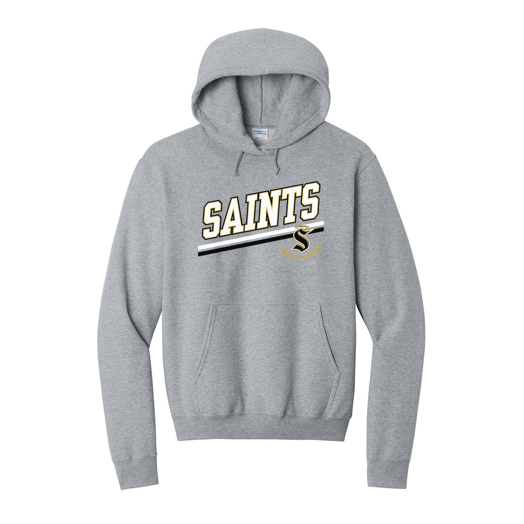 Berks Catholic Saints Slanted Stripe hoodie in Athletic Heather: bold SAINTS lettering over a slanted double stripe, with the halo S and Berks Catholic