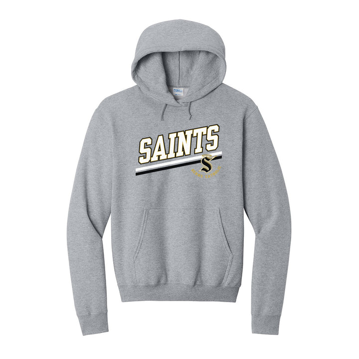 Berks Catholic Saints Slanted Stripe hoodie in Athletic Heather: bold SAINTS lettering over a slanted double stripe, with the halo S and Berks Catholic