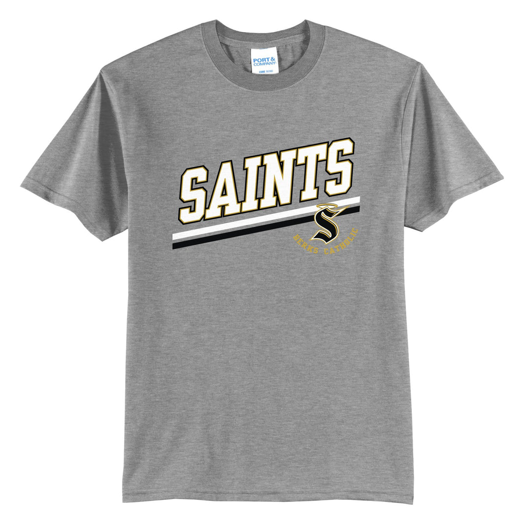 Berks Catholic Saints Slanted Stripe t-shirt in Athletic Heather: bold SAINTS lettering over a slanted double stripe, with the halo S and Berks Catholic