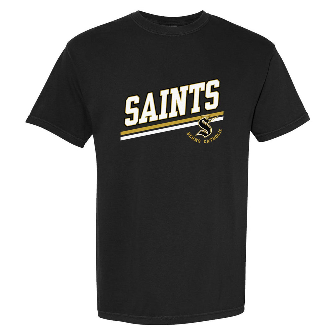 Berks Catholic Saints Slanted Stripe comfort colors t-shirt in Black: bold SAINTS lettering over a slanted double stripe, with the halo S and Berks Catholic