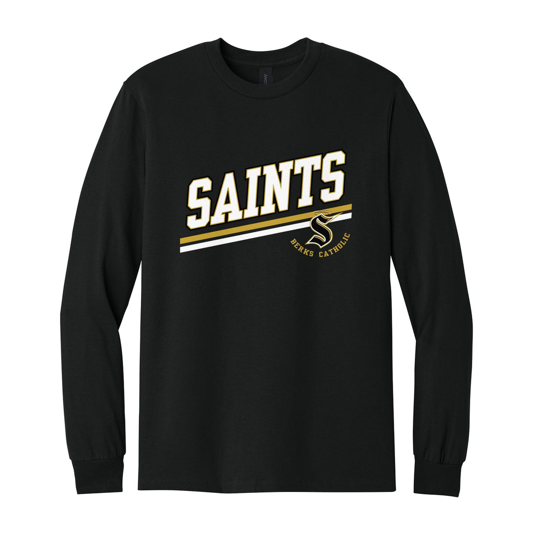 Berks Catholic Saints Slanted Stripe long sleeve t-shirt in Black: bold SAINTS lettering over a slanted double stripe, with the halo S and Berks Catholic