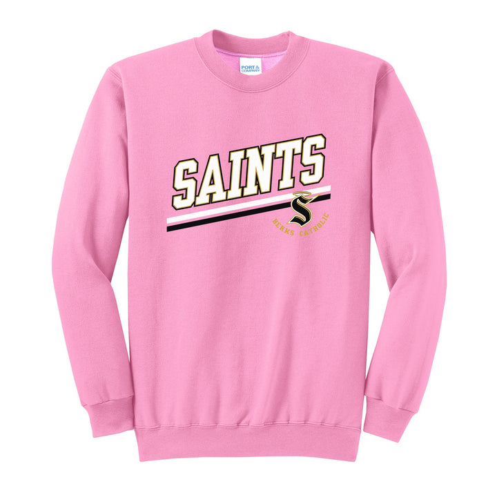 Berks Catholic Saints Slanted Stripe crewneck sweatshirt in Candy Pink: bold SAINTS lettering over a slanted double stripe, with the halo S and Berks Catholic