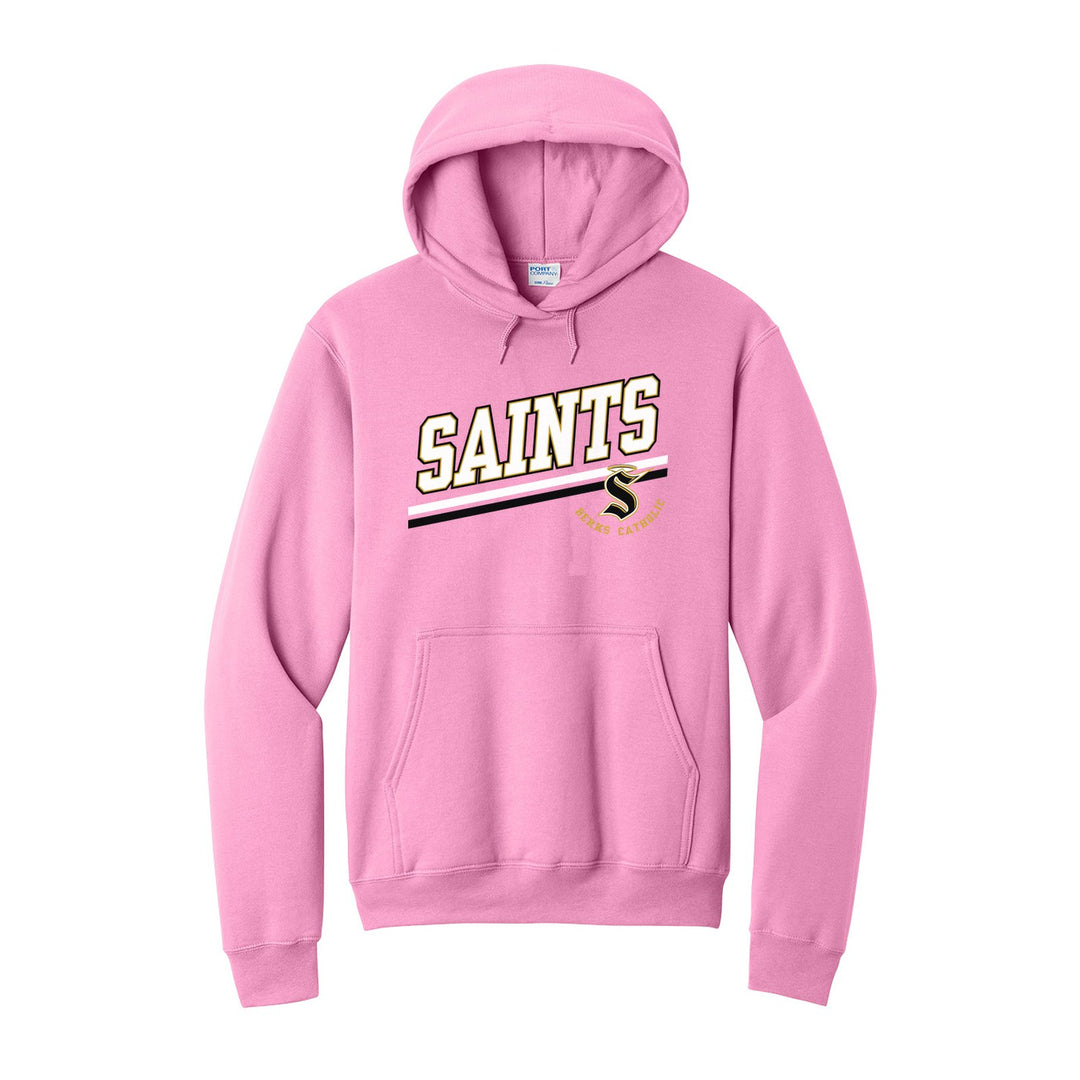 Berks Catholic Saints Slanted Stripe hoodie in Candy Pink: bold SAINTS lettering over a slanted double stripe, with the halo S and Berks Catholic