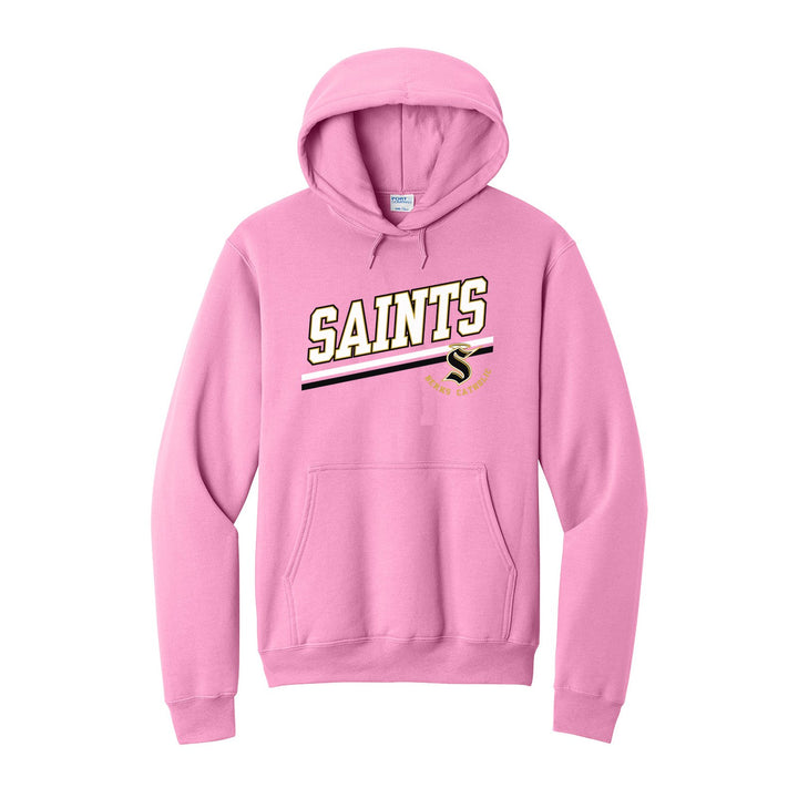 Berks Catholic Saints Slanted Stripe hoodie in Candy Pink: bold SAINTS lettering over a slanted double stripe, with the halo S and Berks Catholic