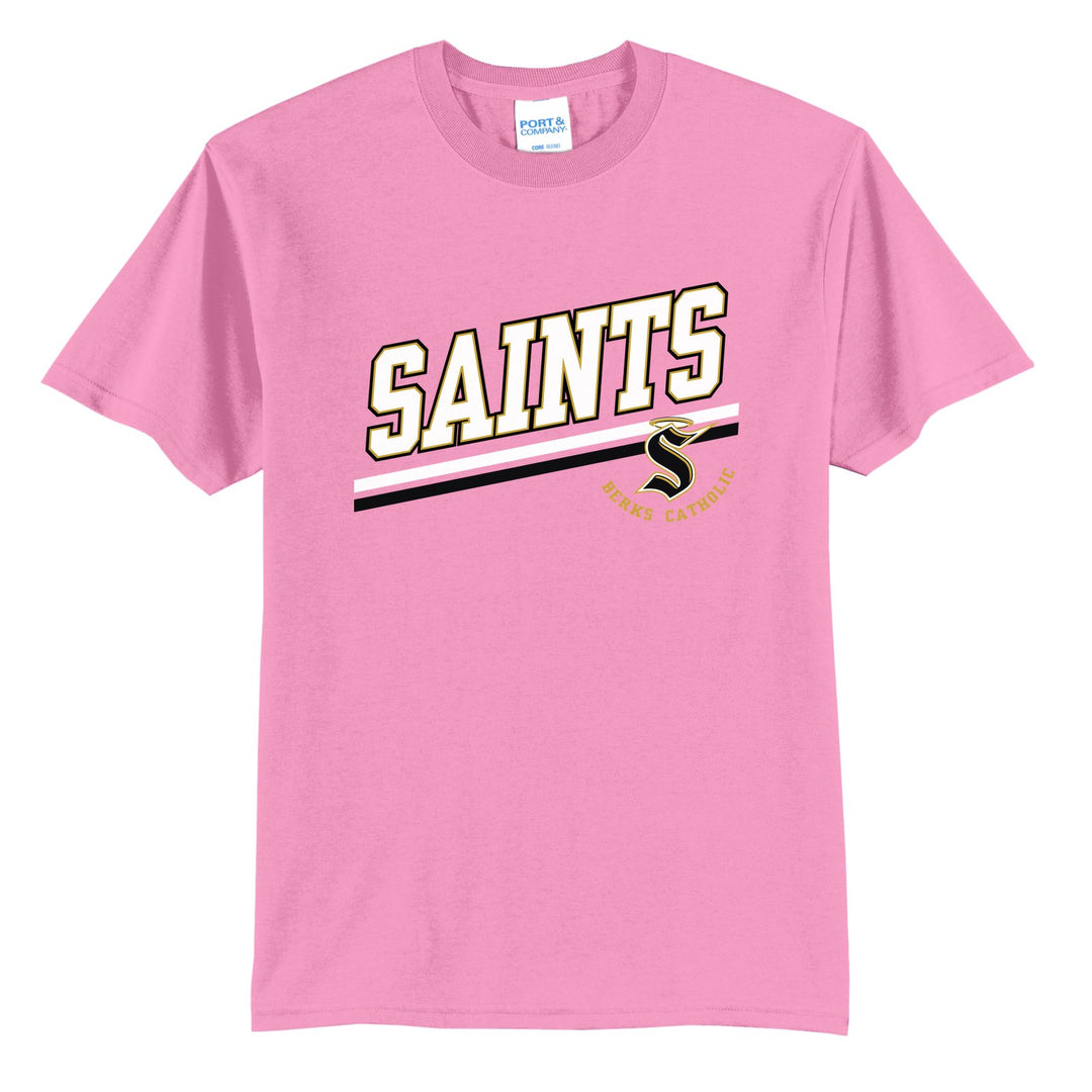 Berks Catholic Saints Slanted Stripe t-shirt in Candy Pink: bold SAINTS lettering over a slanted double stripe, with the halo S and Berks Catholic