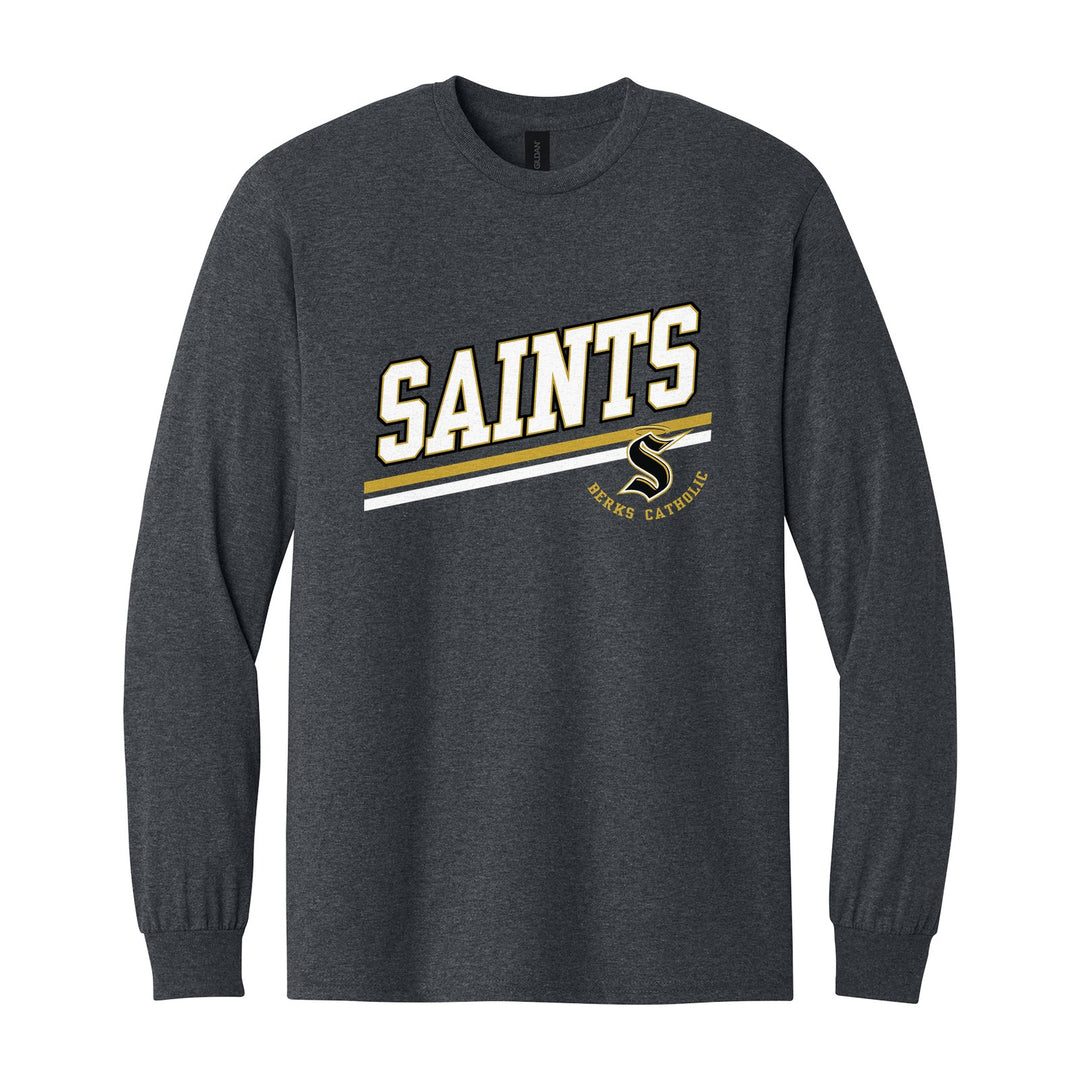 Berks Catholic Saints Slanted Stripe long sleeve t-shirt in Dark Heather: bold SAINTS lettering over a slanted double stripe, with the halo S and Berks Catholic