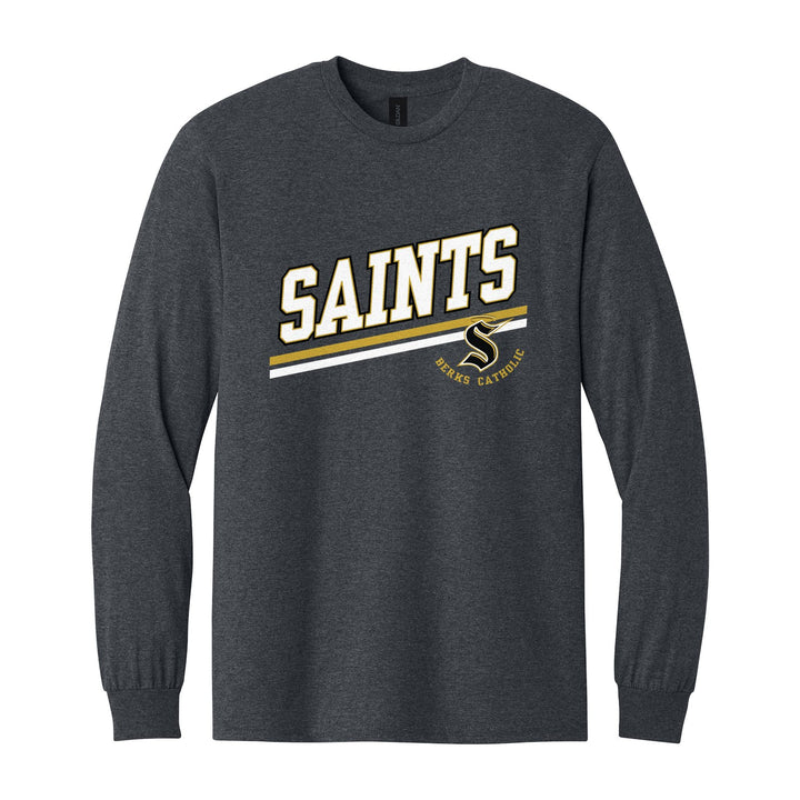 Berks Catholic Saints Slanted Stripe long sleeve t-shirt in Dark Heather: bold SAINTS lettering over a slanted double stripe, with the halo S and Berks Catholic