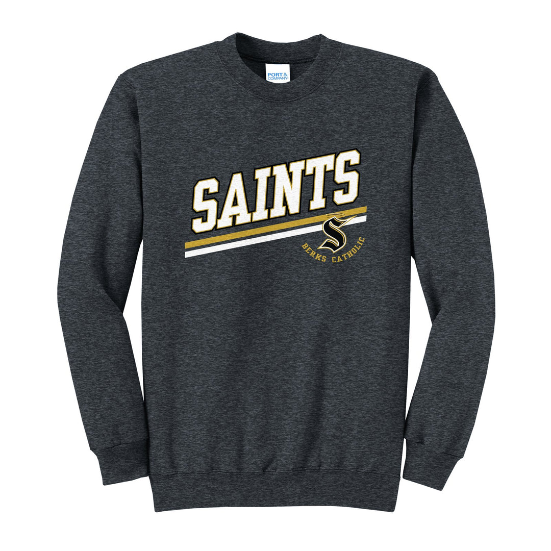 Berks Catholic Saints Slanted Stripe crewneck sweatshirt in Dark Heather Grey: bold SAINTS lettering over a slanted double stripe, with the halo S and Berks Catholic