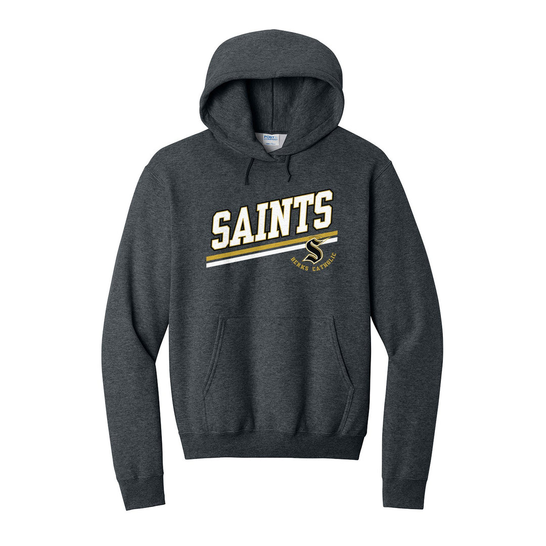 Berks Catholic Saints Slanted Stripe hoodie in Dark Heather Grey: bold SAINTS lettering over a slanted double stripe, with the halo S and Berks Catholic