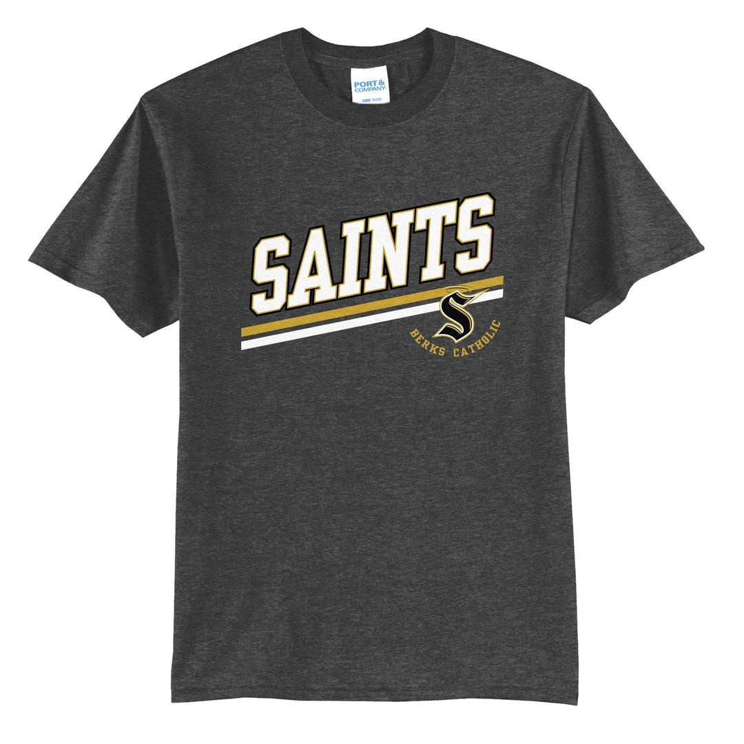 Berks Catholic Saints Slanted Stripe t-shirt in Dark Heather Grey: bold SAINTS lettering over a slanted double stripe, with the halo S and Berks Catholic
