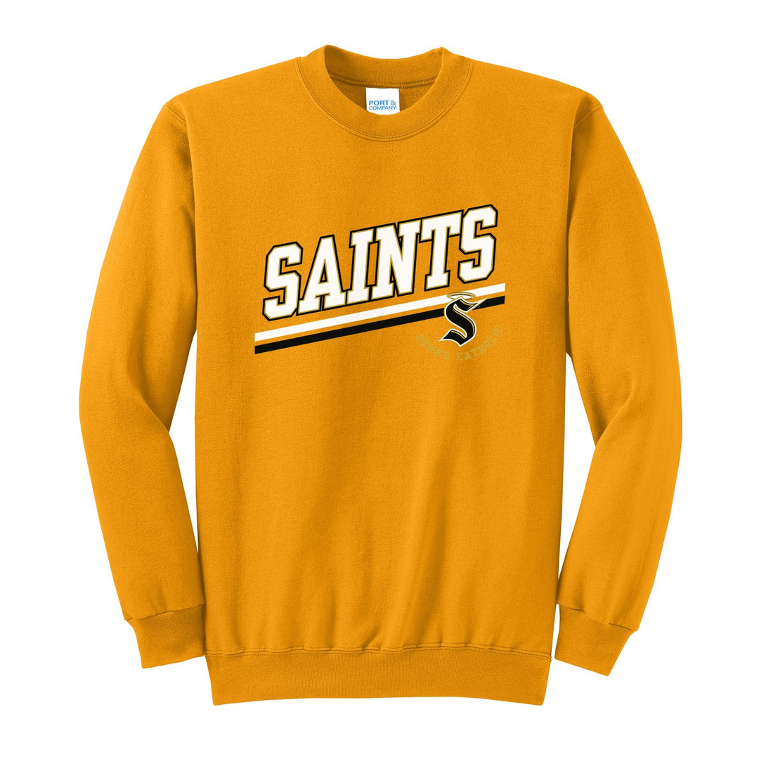 Berks Catholic Saints Slanted Stripe crewneck sweatshirt in Gold: bold SAINTS lettering over a slanted double stripe, with the halo S and Berks Catholic