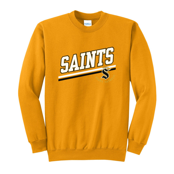 Berks Catholic Saints Slanted Stripe crewneck sweatshirt in Gold: bold SAINTS lettering over a slanted double stripe, with the halo S and Berks Catholic