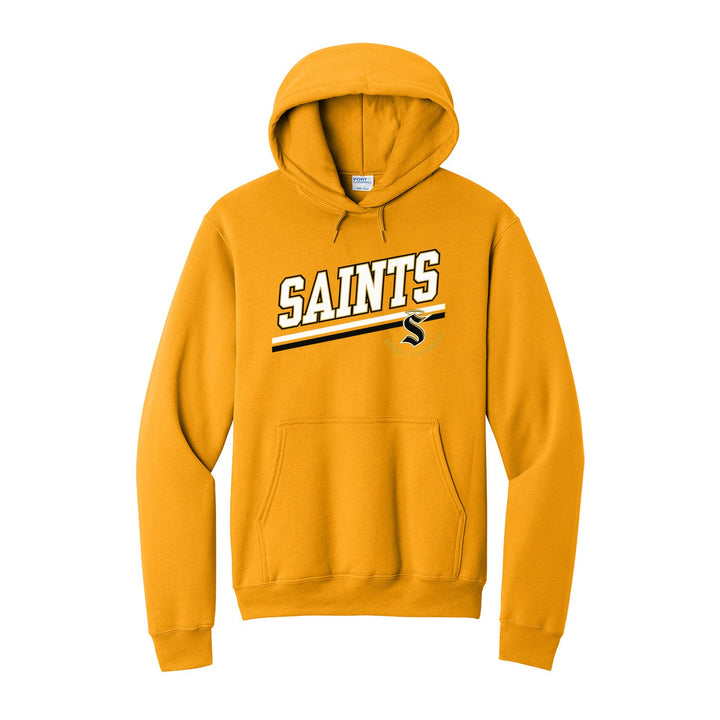 Berks Catholic Saints Slanted Stripe hoodie in Gold: bold SAINTS lettering over a slanted double stripe, with the halo S and Berks Catholic