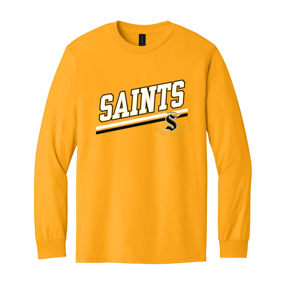 Berks Catholic Saints Slanted Stripe long sleeve t-shirt in Gold: bold SAINTS lettering over a slanted double stripe, with the halo S and Berks Catholic