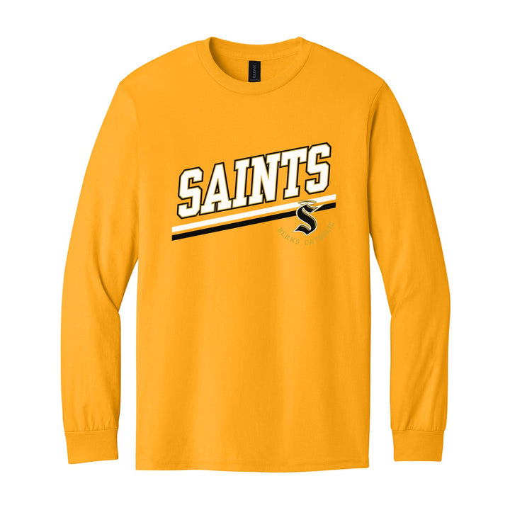 Berks Catholic Saints Slanted Stripe long sleeve t-shirt in Gold: bold SAINTS lettering over a slanted double stripe, with the halo S and Berks Catholic