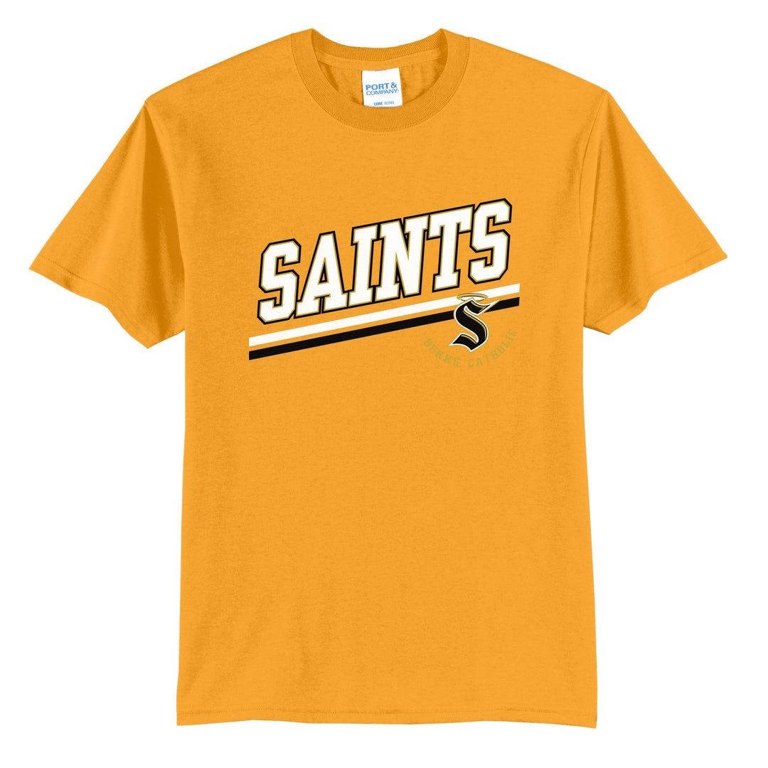 Berks Catholic Saints Slanted Stripe t-shirt in Gold: bold SAINTS lettering over a slanted double stripe, with the halo S and Berks Catholic