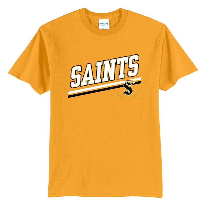 Berks Catholic Saints Slanted Stripe t-shirt in Gold: bold SAINTS lettering over a slanted double stripe, with the halo S and Berks Catholic