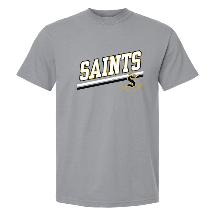 Berks Catholic Saints Slanted Stripe comfort colors t-shirt in Granite: bold SAINTS lettering over a slanted double stripe, with the halo S and Berks Catholic