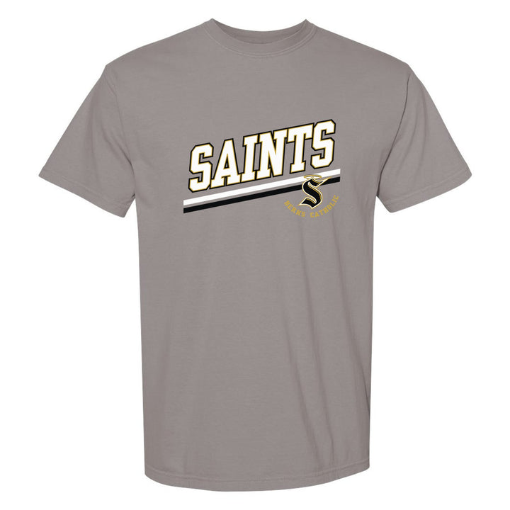 Berks Catholic Saints Slanted Stripe comfort colors t-shirt in Grey: bold SAINTS lettering over a slanted double stripe, with the halo S and Berks Catholic