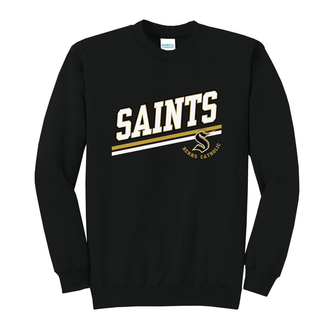 Berks Catholic Saints Slanted Stripe crewneck sweatshirt in Jet Black: bold SAINTS lettering over a slanted double stripe, with the halo S and Berks Catholic