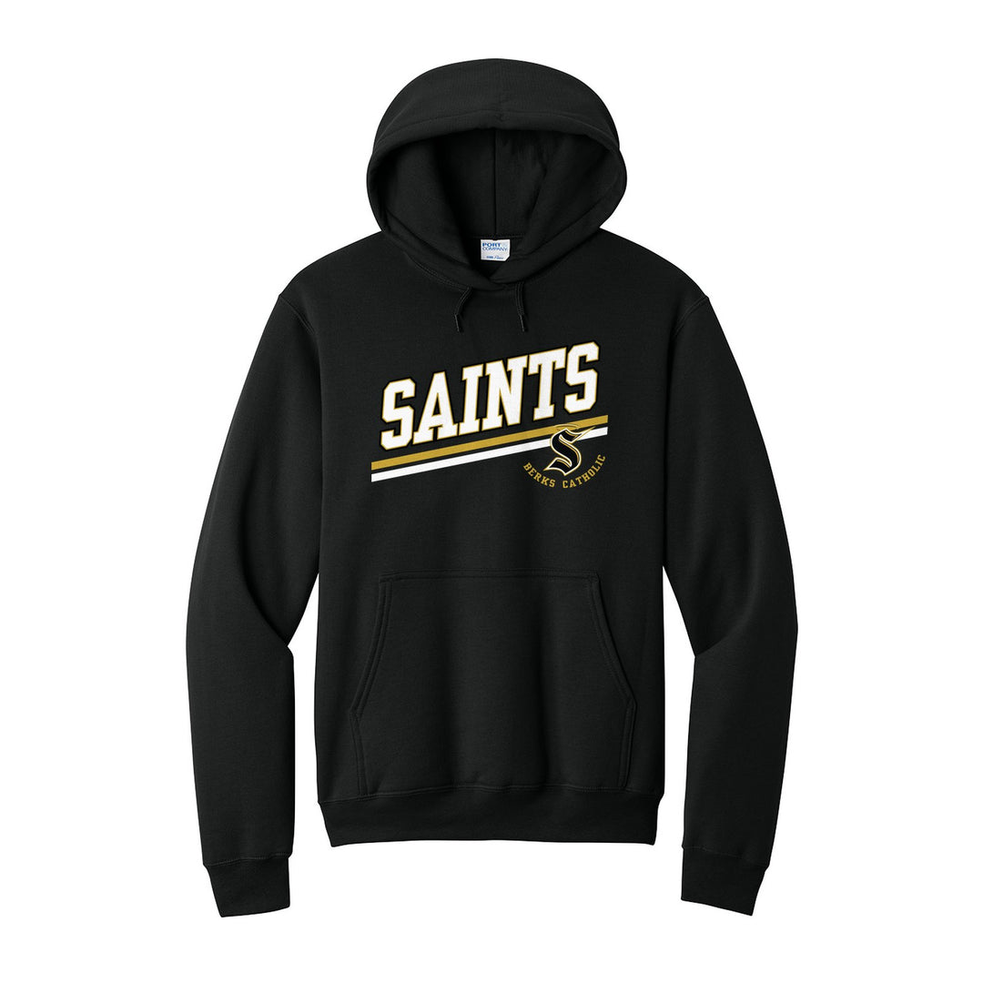 Berks Catholic Saints Slanted Stripe hoodie in Jet Black: bold SAINTS lettering over a slanted double stripe, with the halo S and Berks Catholic