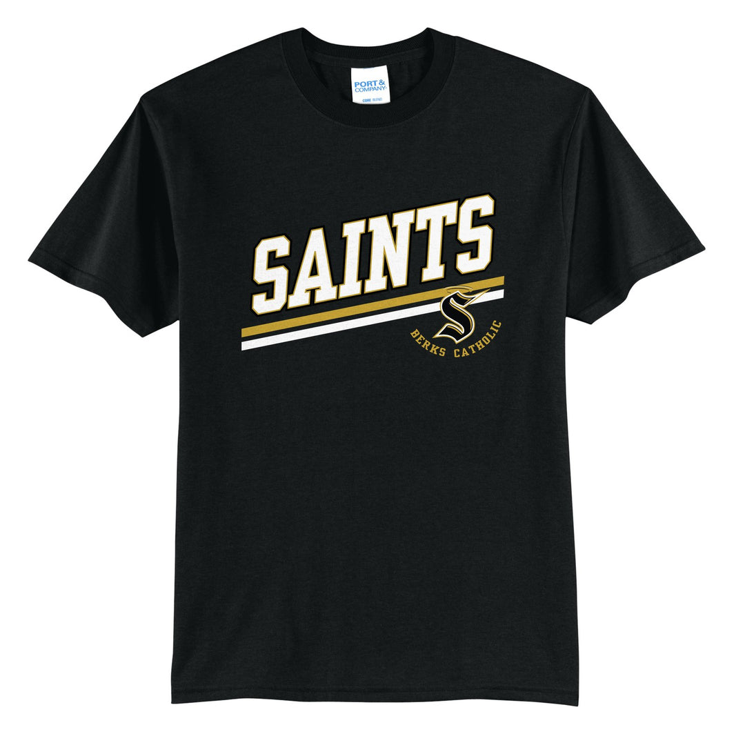 Berks Catholic Saints Slanted Stripe t-shirt in Jet Black: bold SAINTS lettering over a slanted double stripe, with the halo S and Berks Catholic