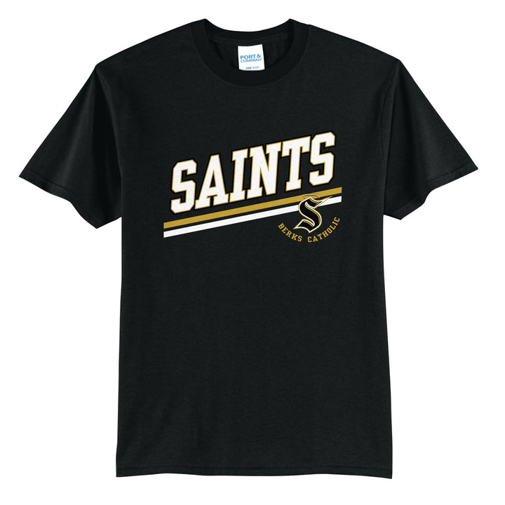 Berks Catholic Saints Slanted Stripe t-shirt in Jet Black: bold SAINTS lettering over a slanted double stripe, with the halo S and Berks Catholic
