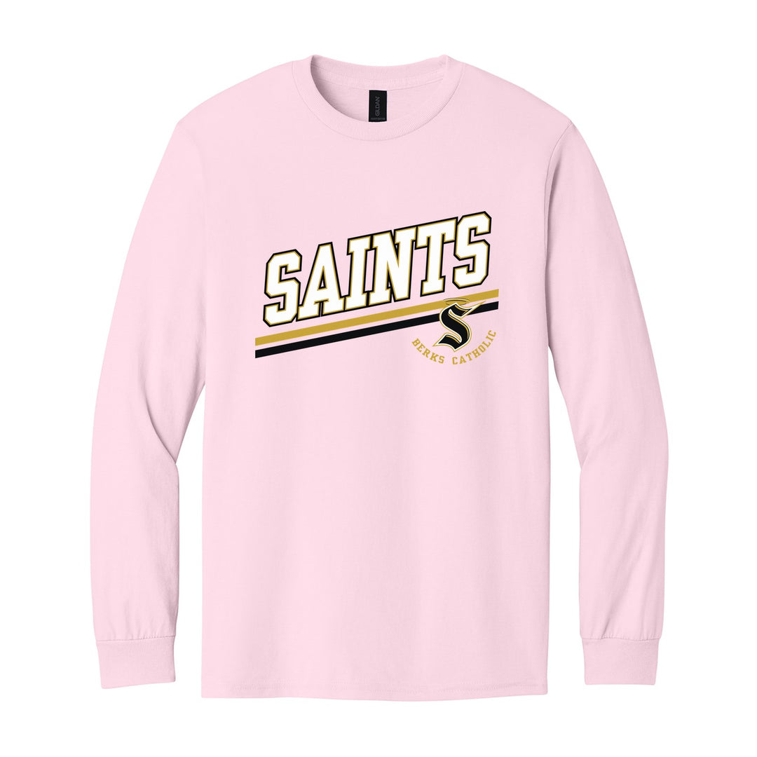 Berks Catholic Saints Slanted Stripe long sleeve t-shirt in Light Pink: bold SAINTS lettering over a slanted double stripe, with the halo S and Berks Catholic