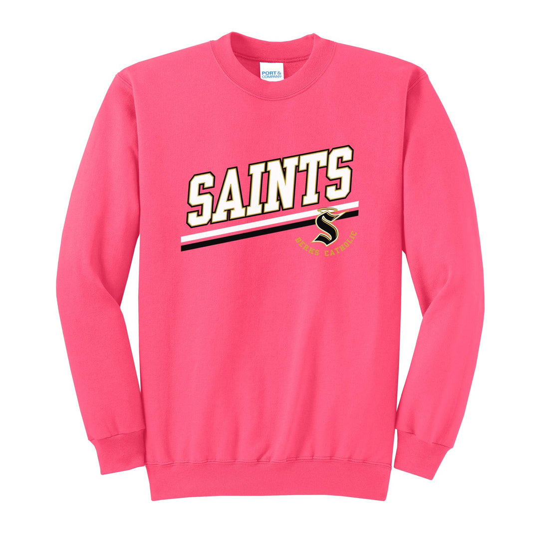 Berks Catholic Saints Slanted Stripe crewneck sweatshirt in Neon Pink: bold SAINTS lettering over a slanted double stripe, with the halo S and Berks Catholic