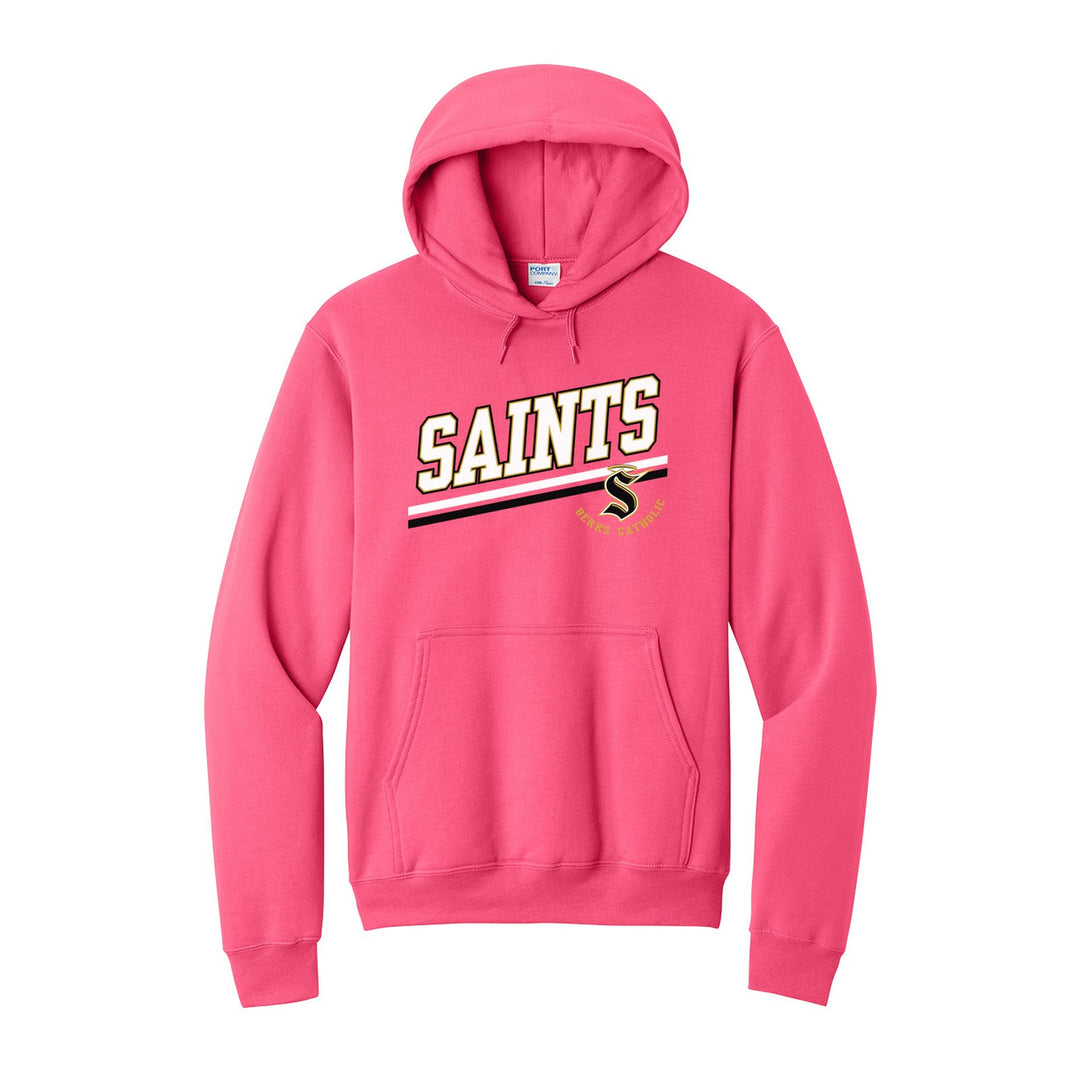 Berks Catholic Saints Slanted Stripe hoodie in Neon Pink: bold SAINTS lettering over a slanted double stripe, with the halo S and Berks Catholic