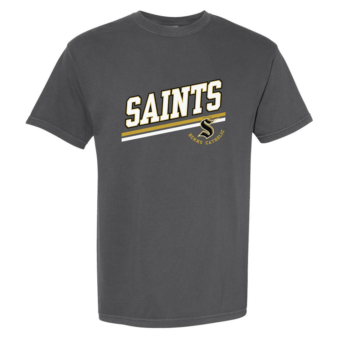 Berks Catholic Saints Slanted Stripe comfort colors t-shirt in Pepper: bold SAINTS lettering over a slanted double stripe, with the halo S and Berks Catholic