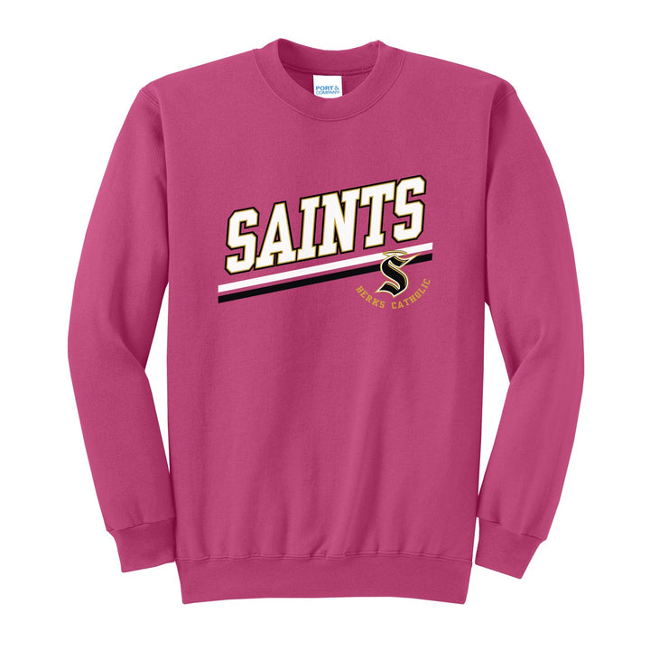 Berks Catholic Saints Slanted Stripe crewneck sweatshirt in Sangria: bold SAINTS lettering over a slanted double stripe, with the halo S and Berks Catholic