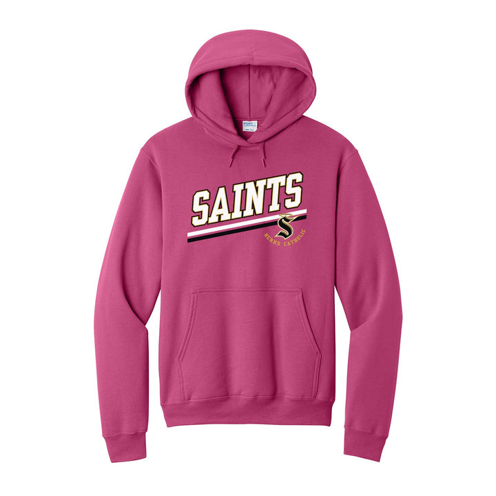 Berks Catholic Saints Slanted Stripe hoodie in Sangria: bold SAINTS lettering over a slanted double stripe, with the halo S and Berks Catholic