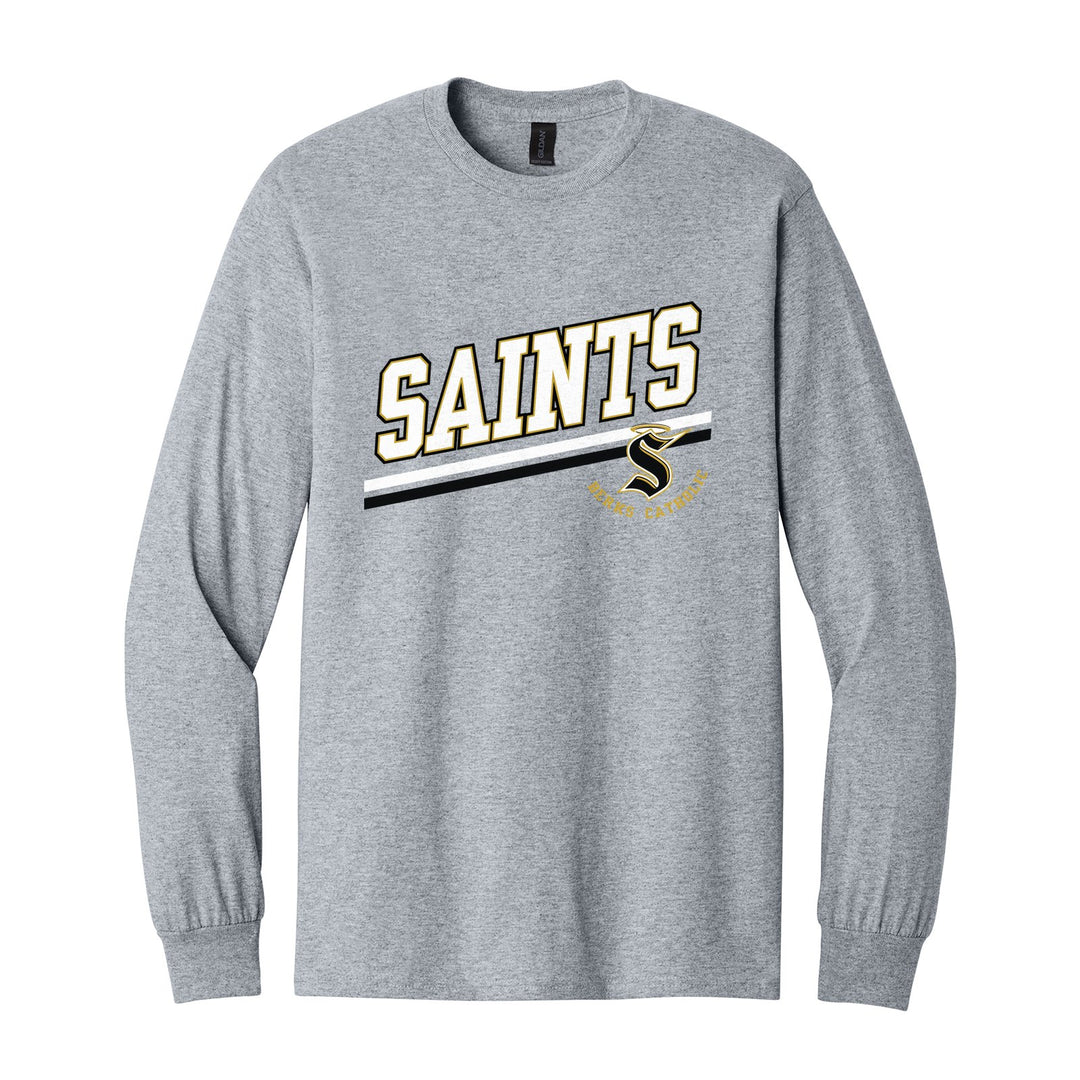 Berks Catholic Saints Slanted Stripe long sleeve t-shirt in Sport Grey: bold SAINTS lettering over a slanted double stripe, with the halo S and Berks Catholic